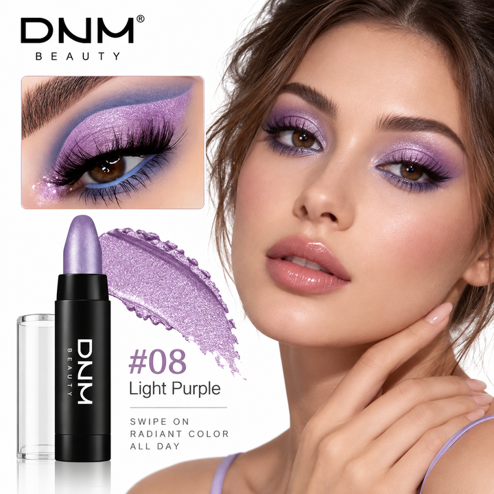 Light Purple shade 08 eyeshadow stick with lavender swatch and eye makeup look.