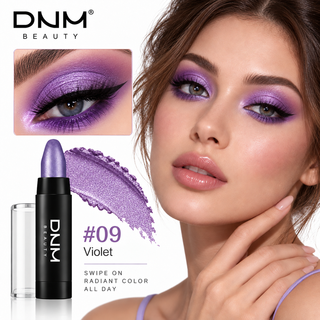 Violet shade 09 eyeshadow stick with violet pearlescent swatch and eye makeup look.