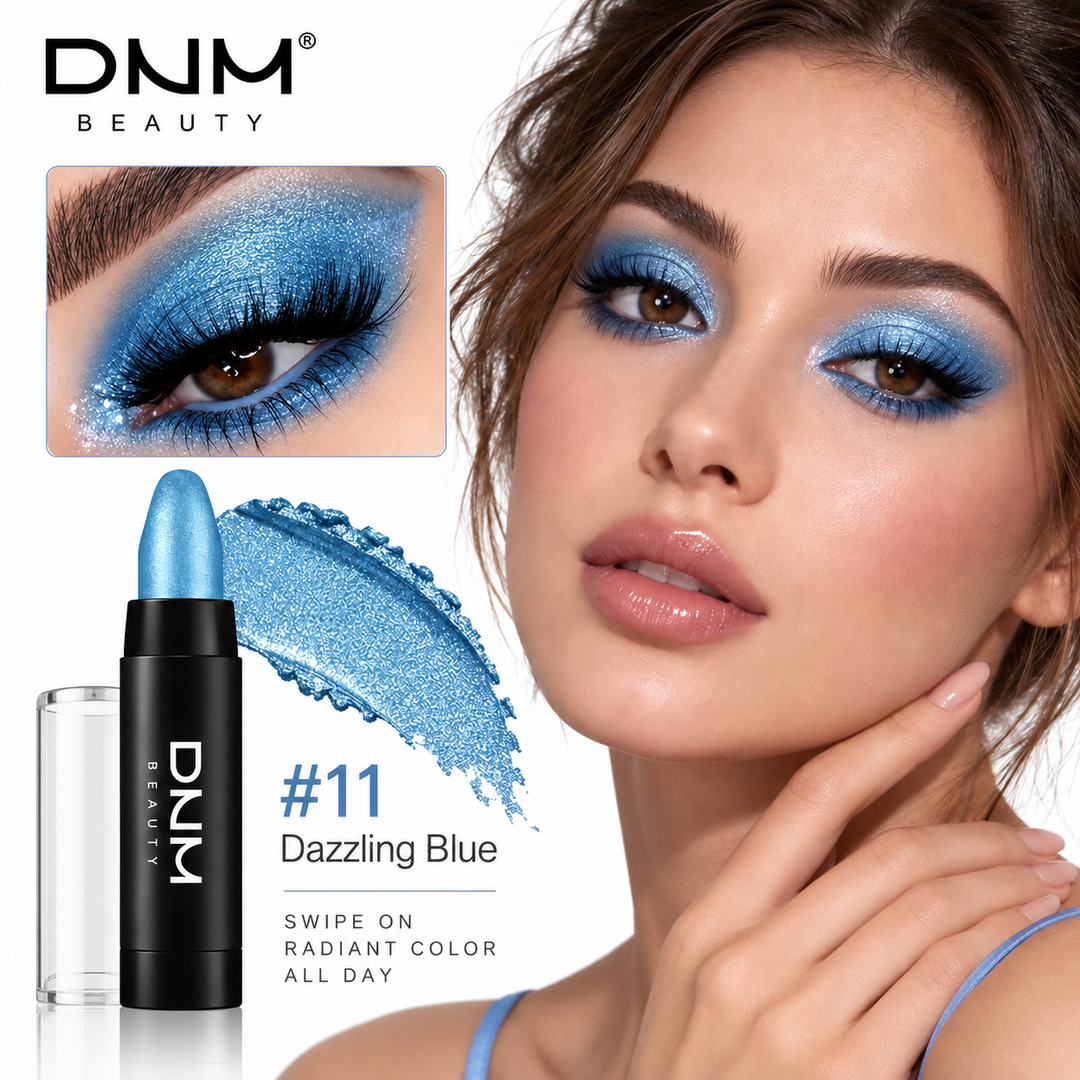 Dazzling Blue shade 11 eyeshadow stick with bright blue pearlescent swatch and eye makeup look.