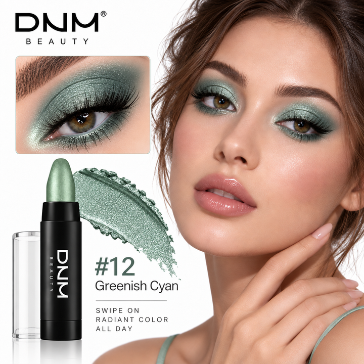 Greenish Cyan shade 12 eyeshadow stick with green cyan pearlescent swatch and eye makeup look.