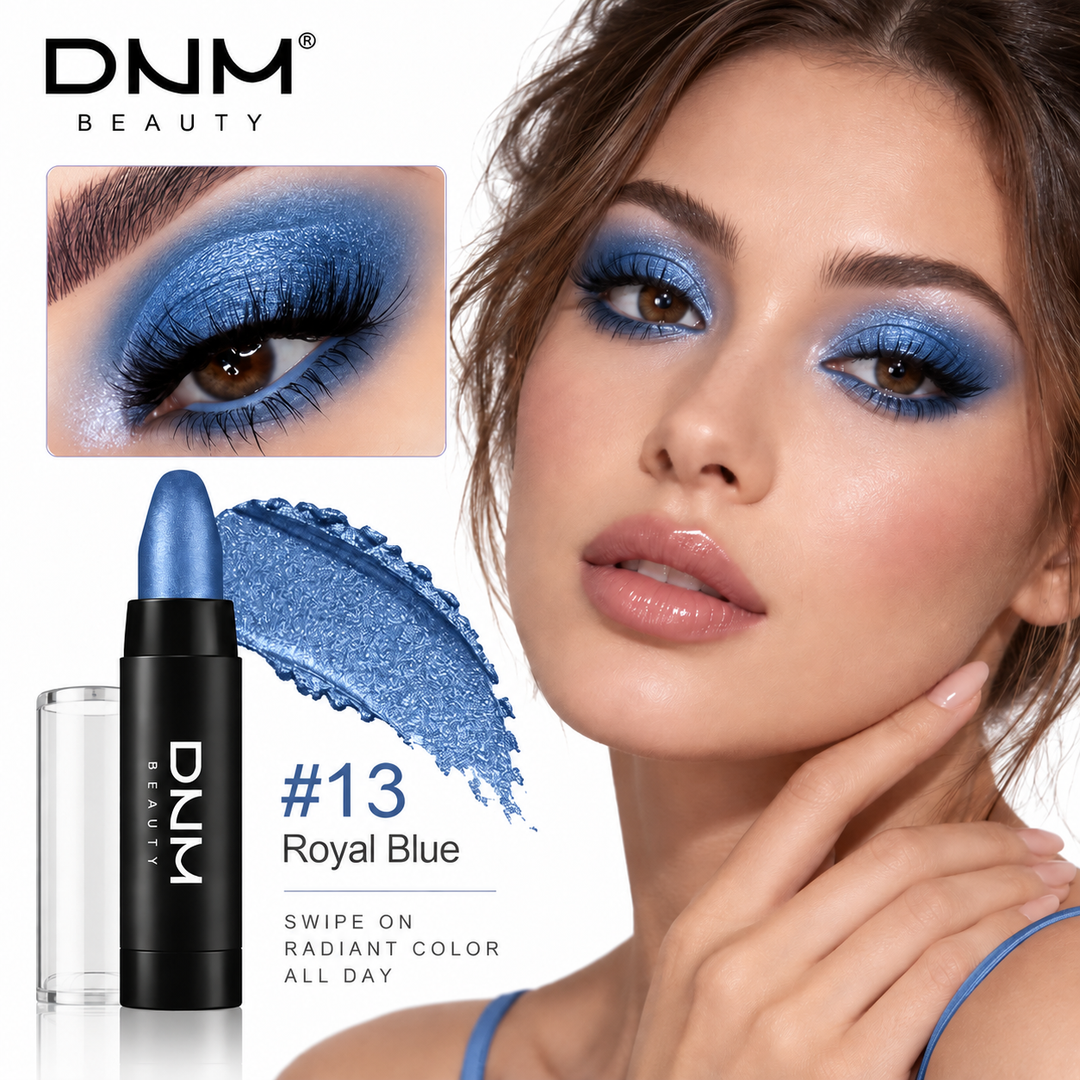 Royal Blue shade 13 eyeshadow stick with royal blue pearlescent swatch and eye makeup look.