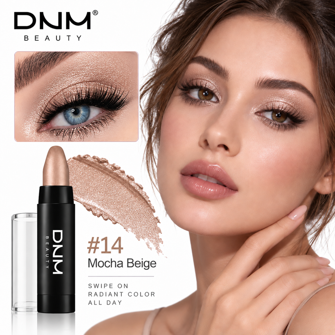 Mocha Beige shade 14 eyeshadow stick with beige pearlescent swatch and eye makeup look.