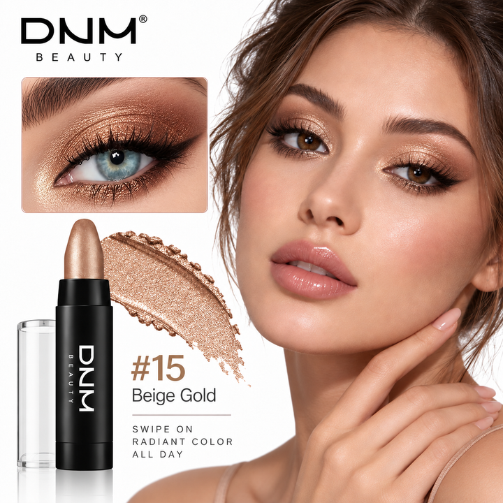 Beige Gold shade 15 eyeshadow stick with warm beige gold swatch and eye makeup look.