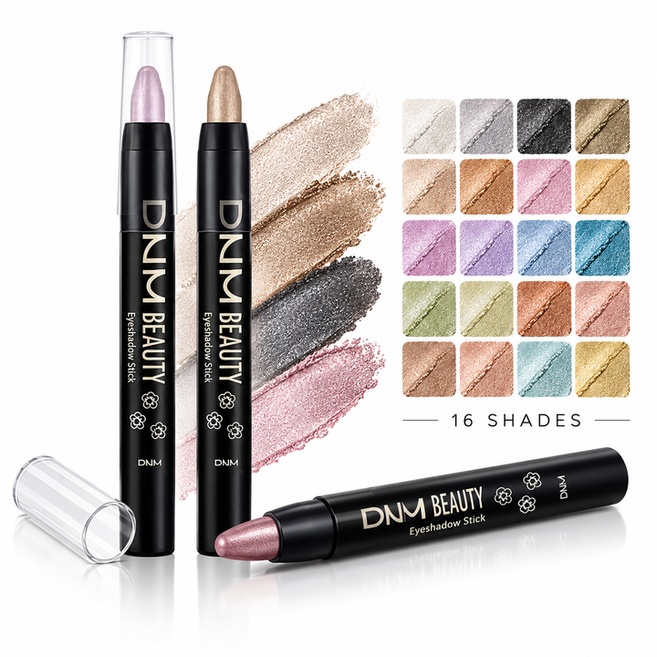 Pearlescent eyeshadow stick collection showing the product and a range of 16 shade swatches.