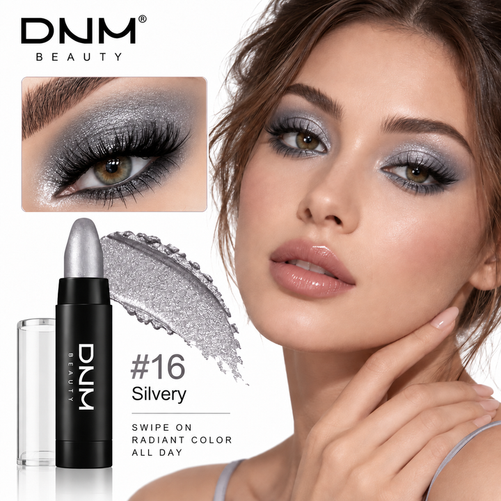 Silvery shade 16 eyeshadow stick with silver pearlescent swatch and eye makeup look.