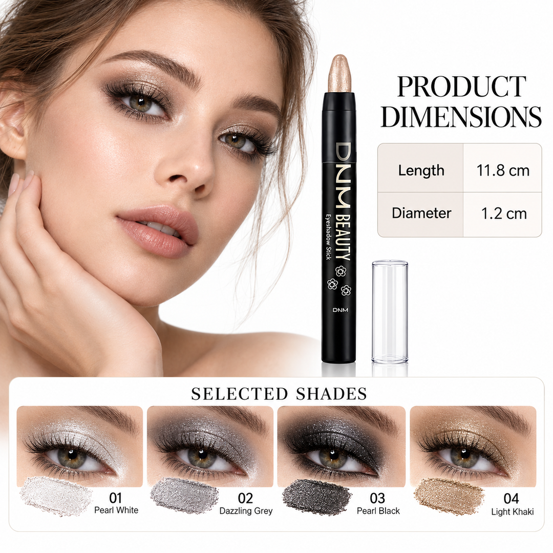 Eyeshadow stick product dimensions with selected shade examples and eye makeup references on a white background.