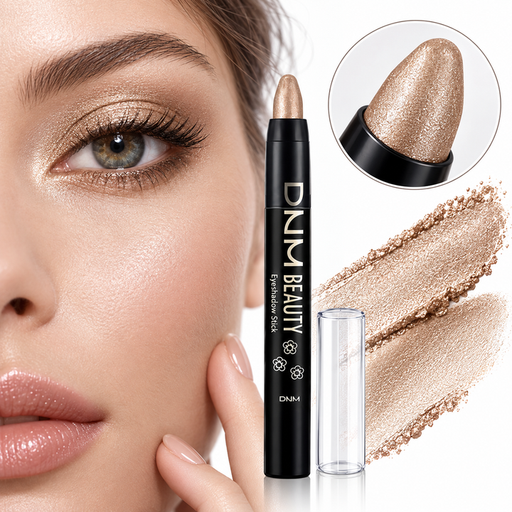 Close-up of a pearlescent eyeshadow stick with shimmer texture, swatches and finished eye makeup look.