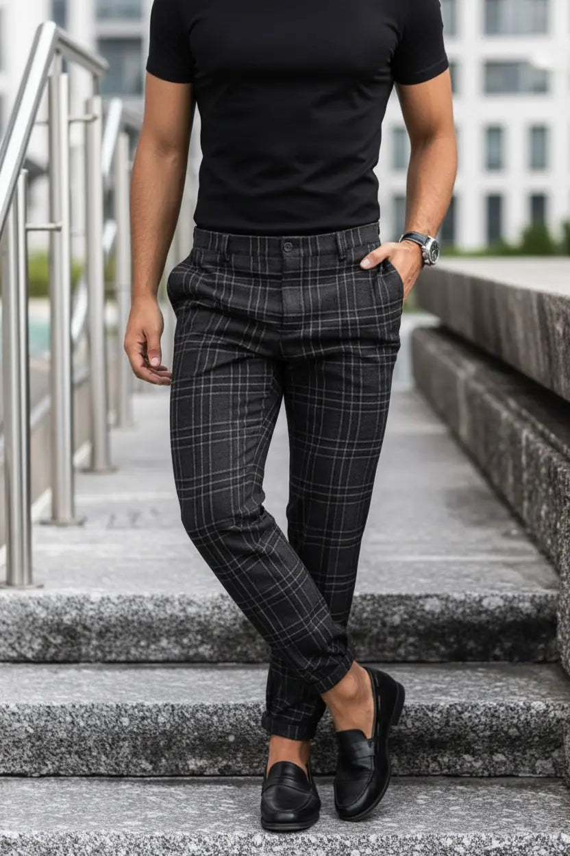 men's plaid pants plaid print trousers for men with collage stitching and pocket trim for modern workwear looks

