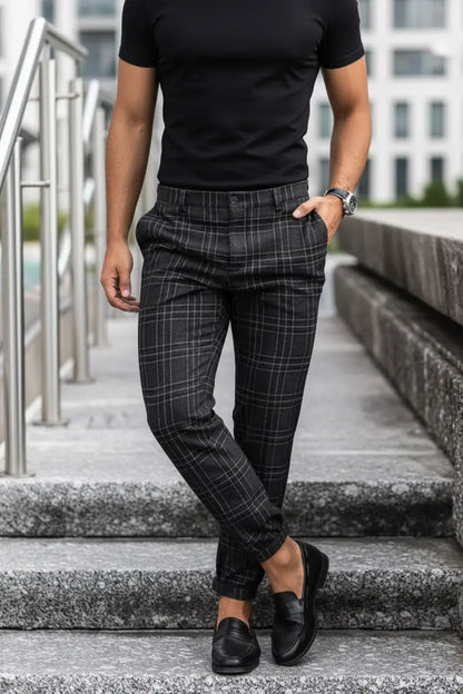 men's plaid pants plaid print trousers for men with collage stitching and pocket trim for modern workwear looks
