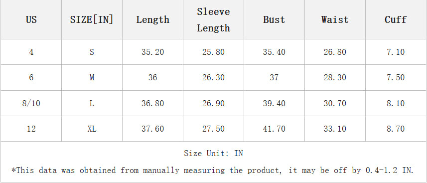 Table displaying clothing size chart with measurements in inches Women&