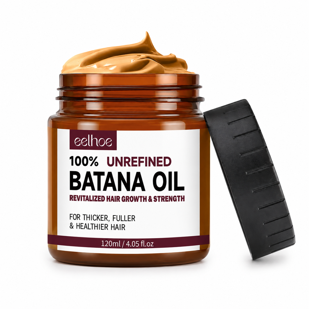 EELHOE Batana Oil Conditioner jar with open cream texture and black lid, isolated on a bright white background for hair care.