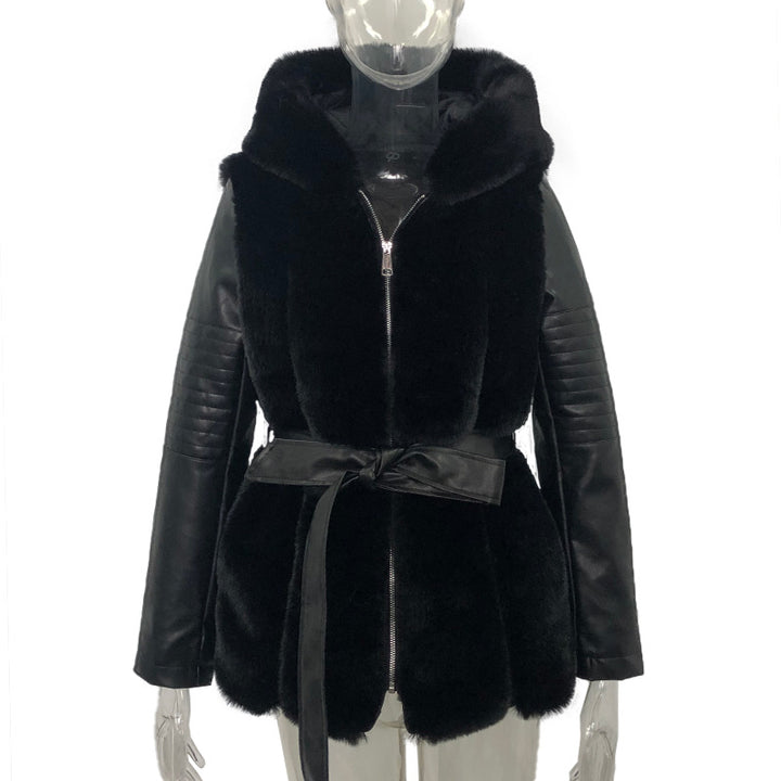 Hooded faux fur coat in gray with modern zip front design