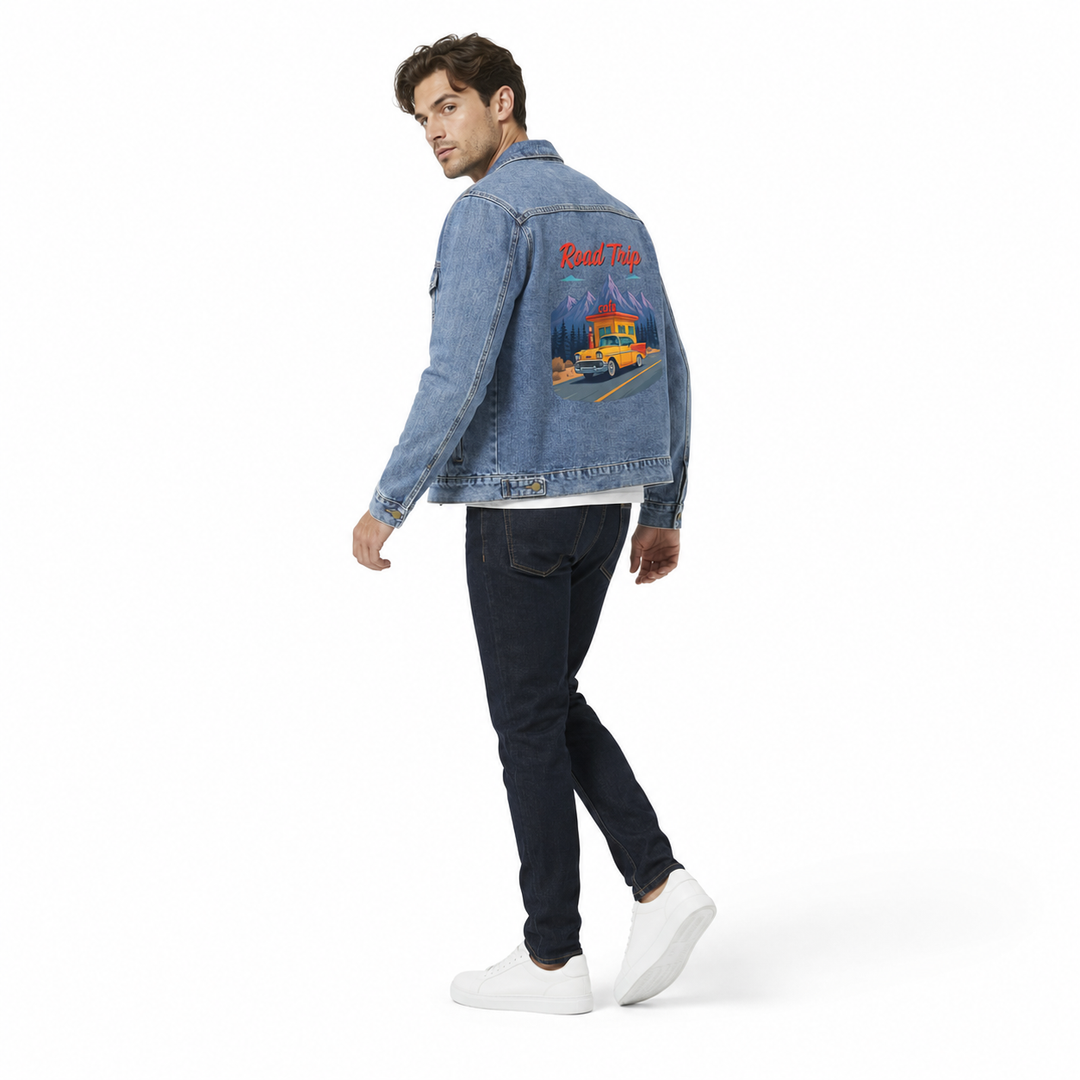 Classic denim jacket for men with road trip artwork, structured collar, and clean front design