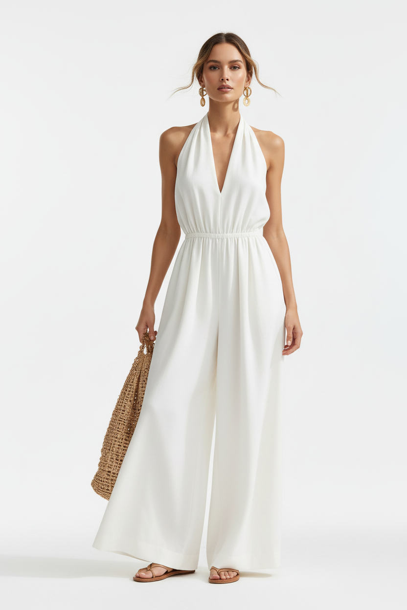 Elegant V-neck halter jumpsuit for women in black with flattering draped shape