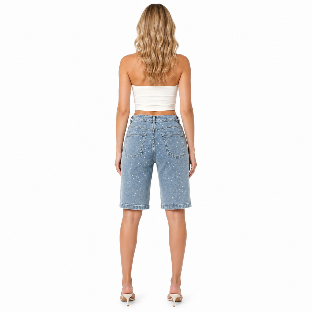 Cropped rhinestone jeans for women with a loose straight-leg fit and included belt, made for versatile summer outfit styling.