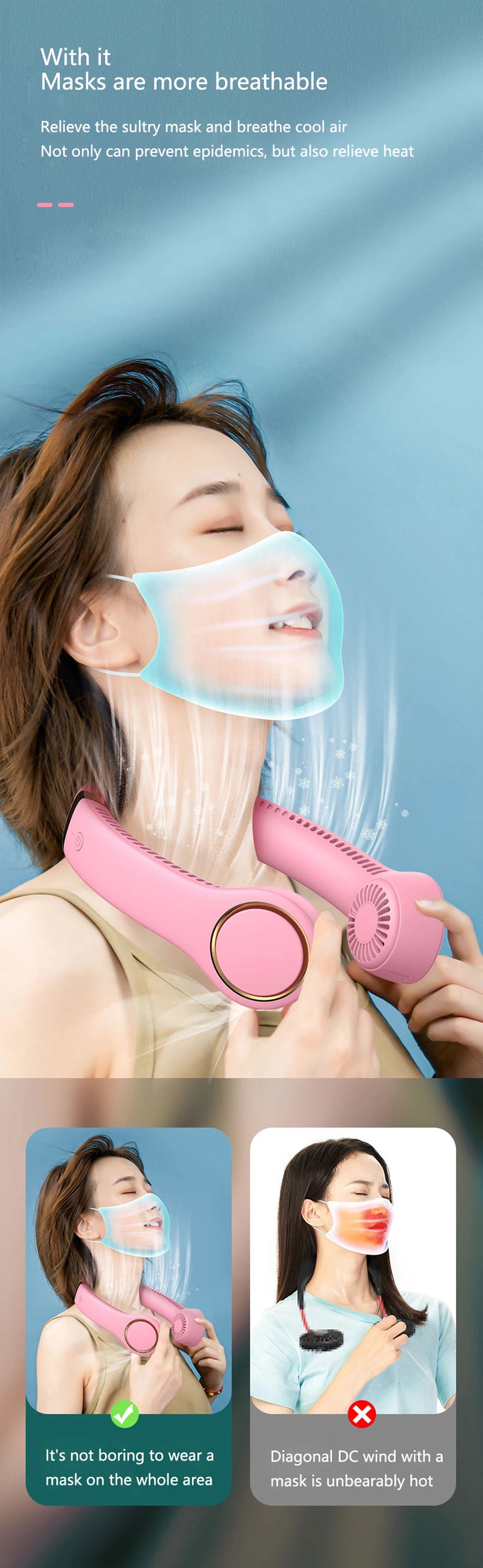 Woman using a pink face mask humidifier with text on a blue background
