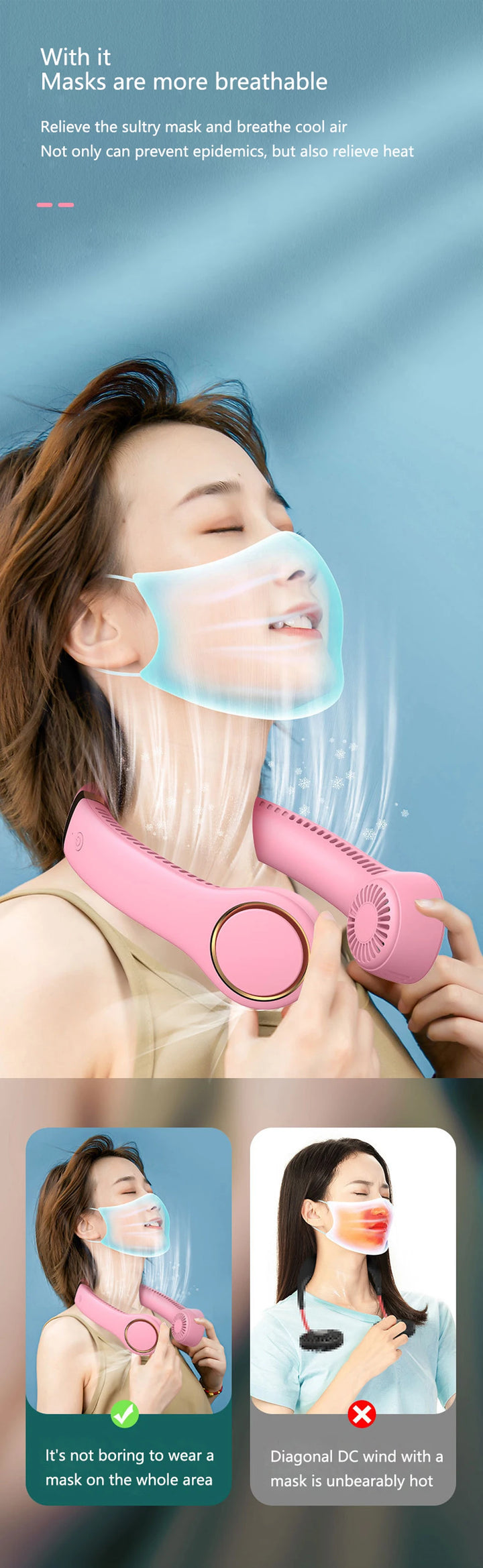 Woman using a pink face mask humidifier with text on a blue background