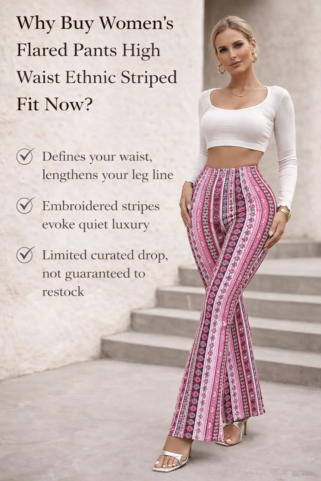 womens flared pants back view full length hem flare