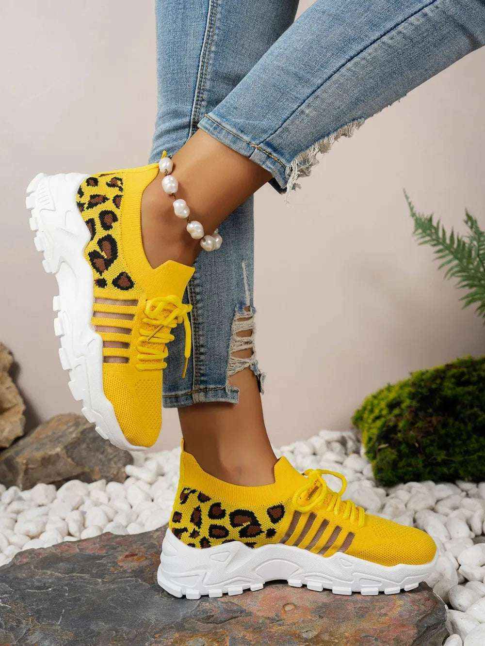 Leopard Cutout Mesh Lace-Up Sneakers - Stylish Flats