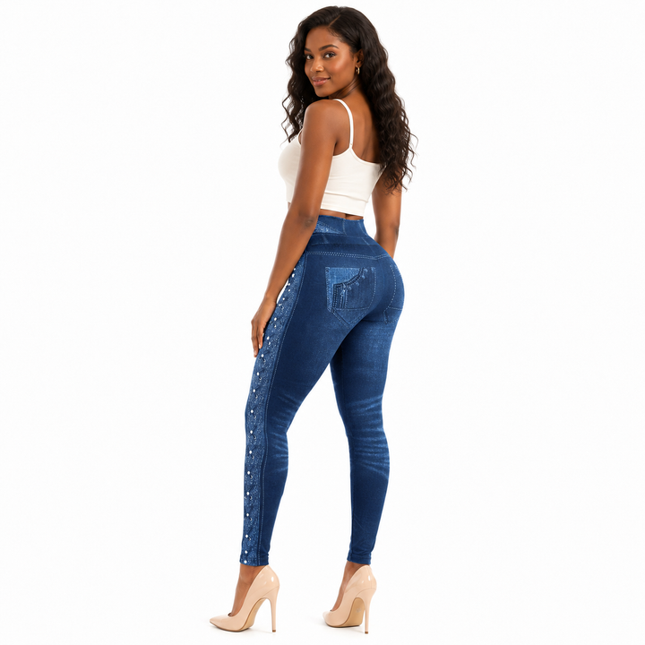 Slim fitted denim yoga pants for women made from ponte-de-roma polyester fiber with comfortable everyday appeal and style fit