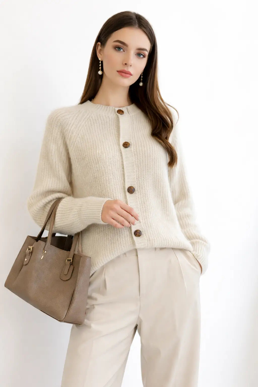 Women's Cashmere Cardigan Thick Knit Crew Neck Sweater