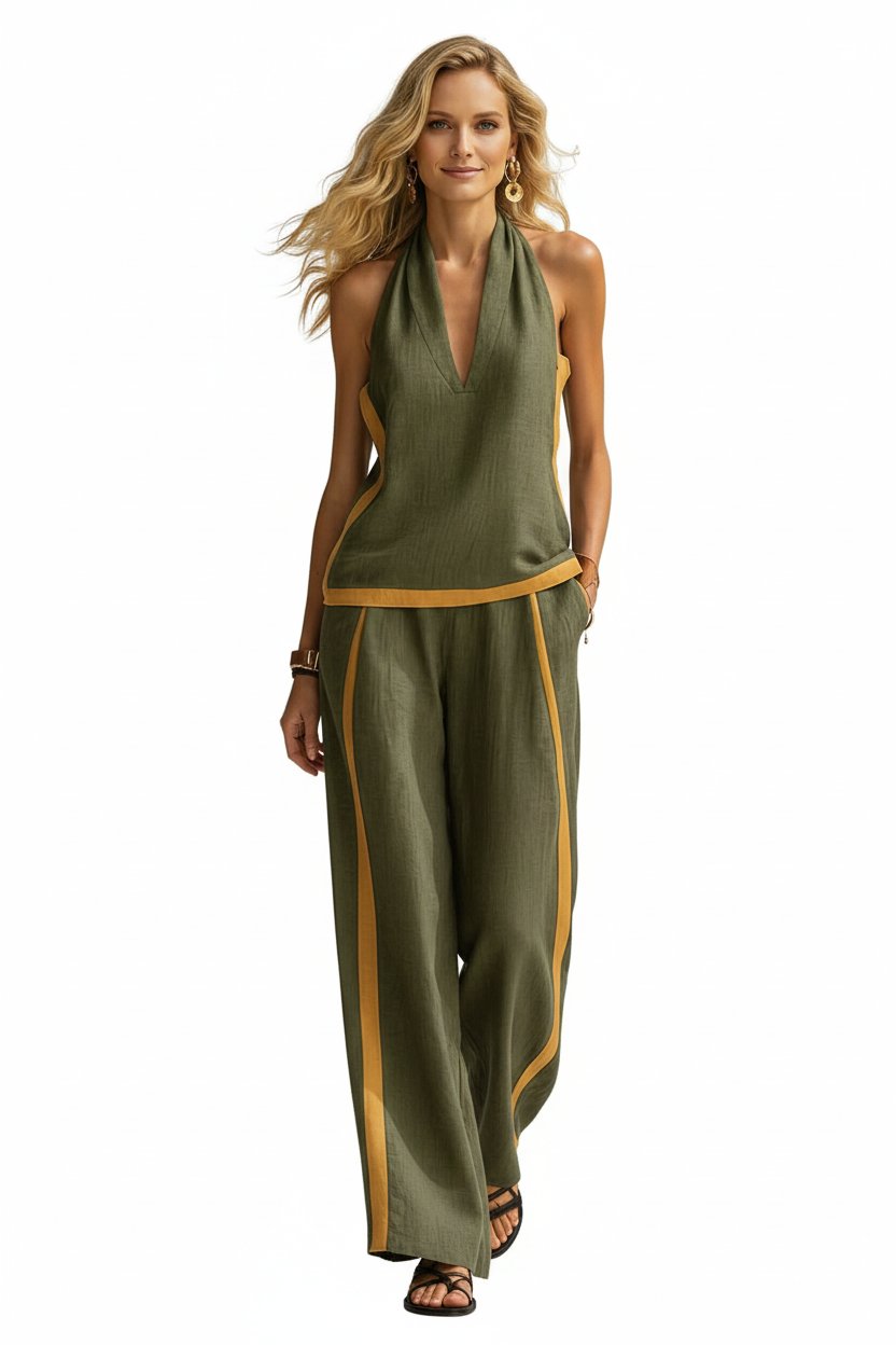 Green 2 piece wide leg pants set for women, flat lay on white background, summer style
