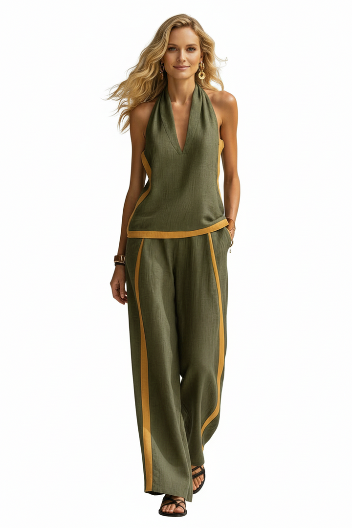 Green 2 piece wide leg pants set for women, flat lay on white background, summer style
