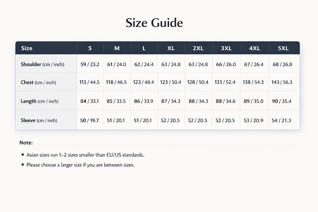 Size guide chart for clothing with measurements in centimeters and inches.