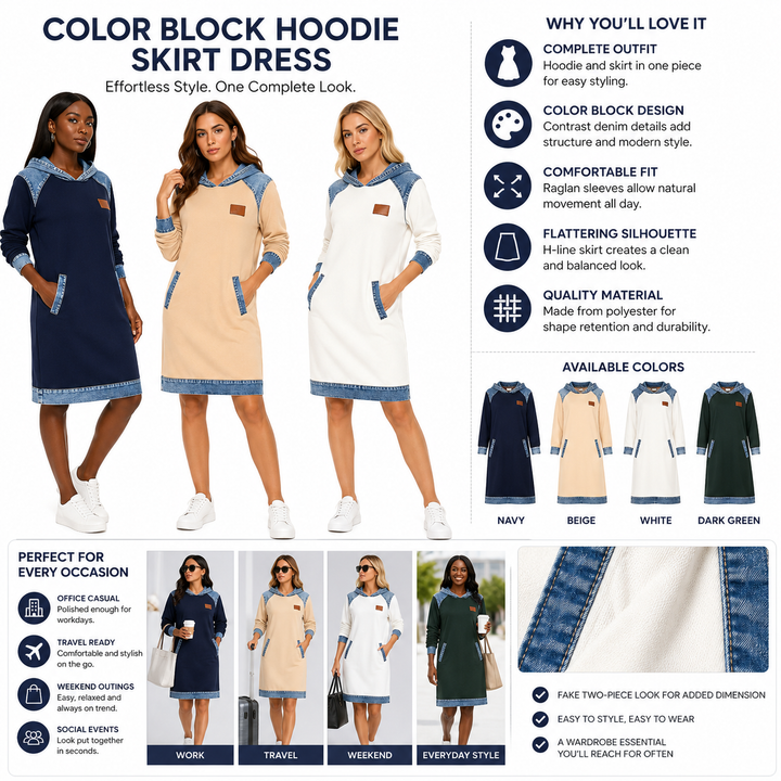 Color matching hoodie skirt set for women with raglan sleeves, and a coordinated streetwear look for travel and social plans.
