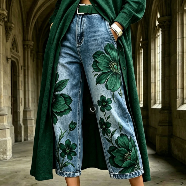 Wide-leg cropped pants product image showing an existing numbered print option for visual design comparison visual reference.