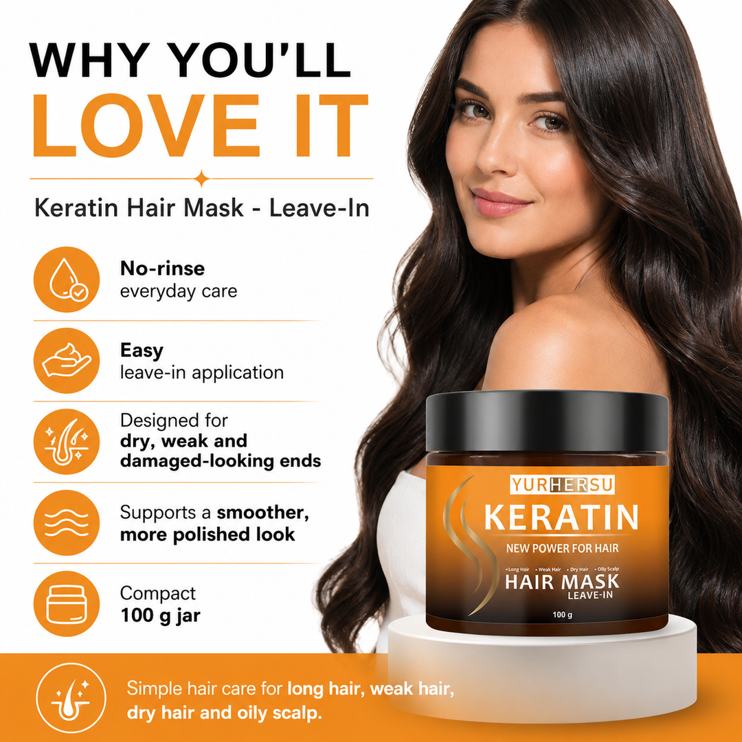 Keratin leave-in hair mask benefits infographic with model, no-rinse care and 100 g jar