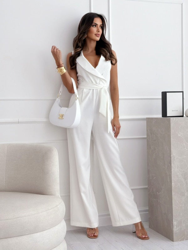 v-neck sleeveless jumpsuit side view highlighting long-leg line and cinched waist, sleek one-piece outfit for city days

