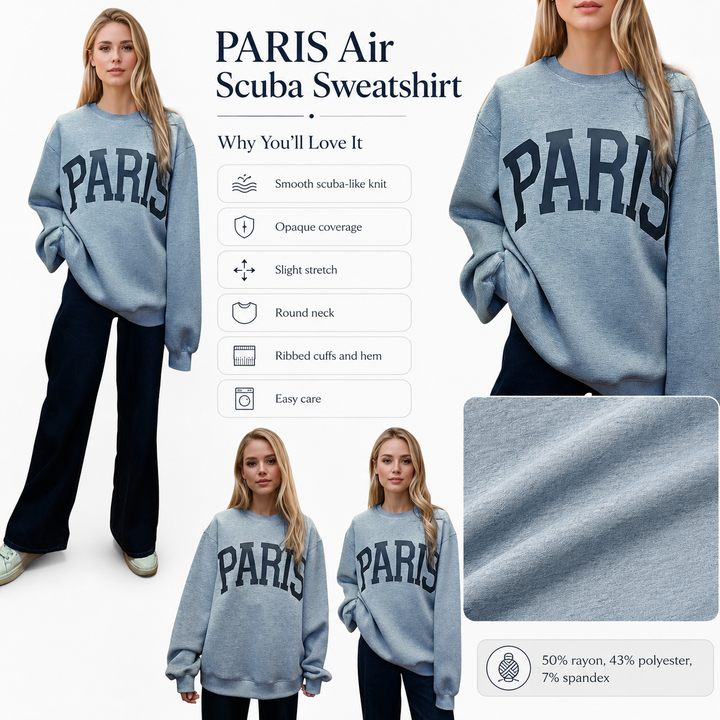 A collage showing a woman modeling a light blue sweatshirt with large dark navy &