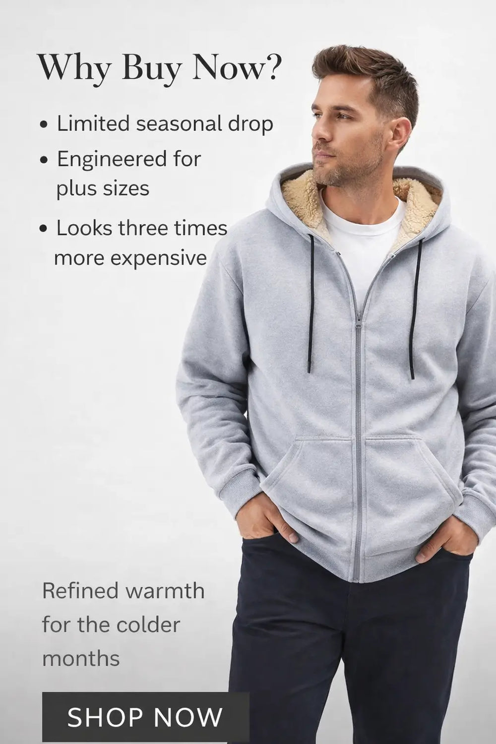 mens plus size sherpa lined zip hoodie open front styling with visible inner lining contrast