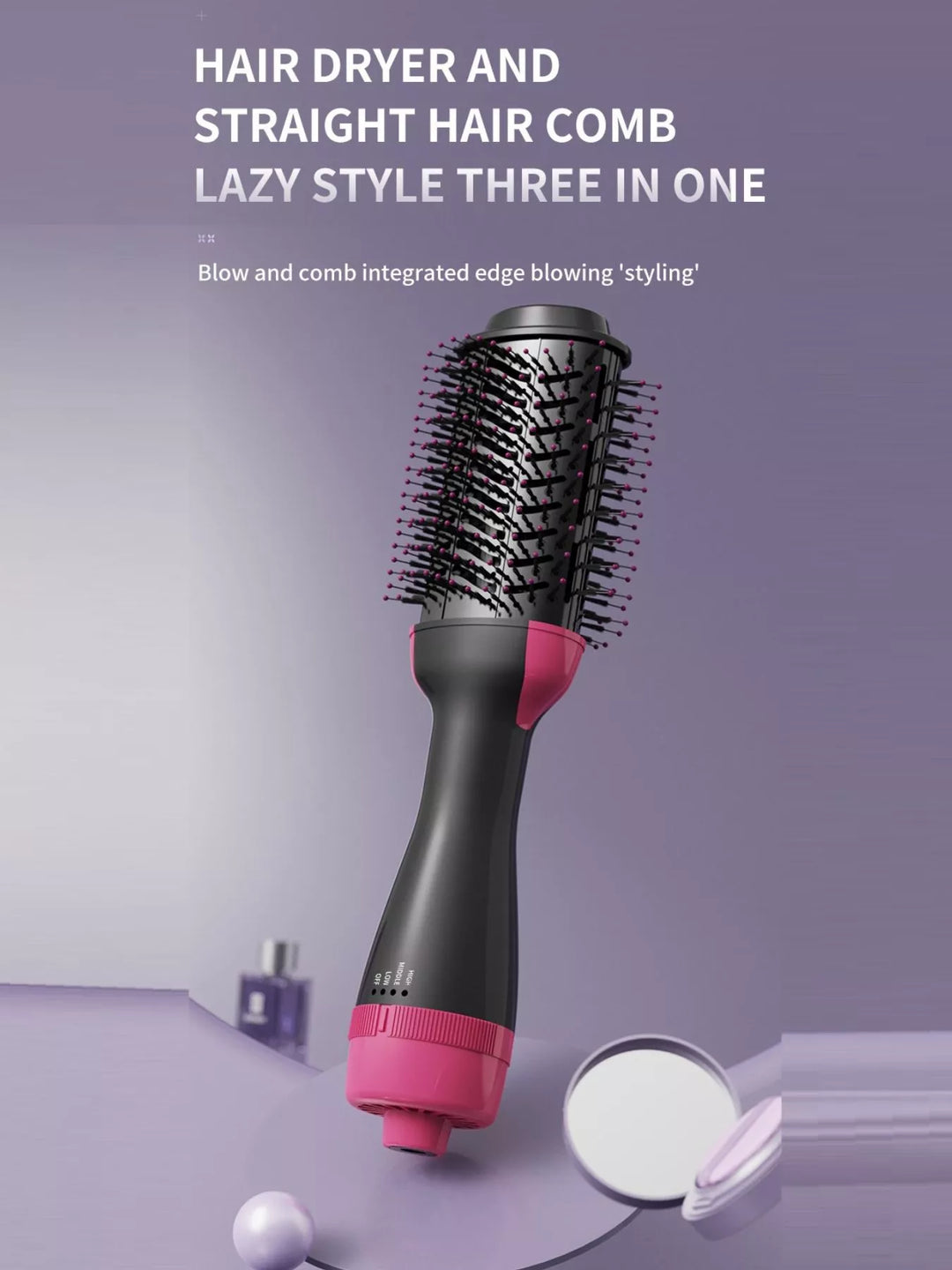 Hair dryer and straight hair comb with pink accents on a gray background