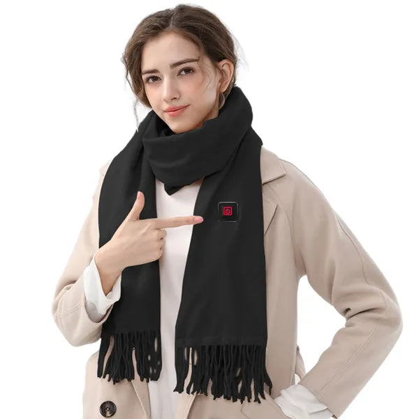 "USB heated scarf black unisex winter neck shawl with 3 heat modes for cold weather"