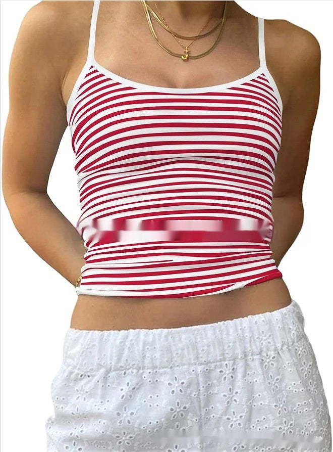 red stripe sexy tank top high waist jeans combination