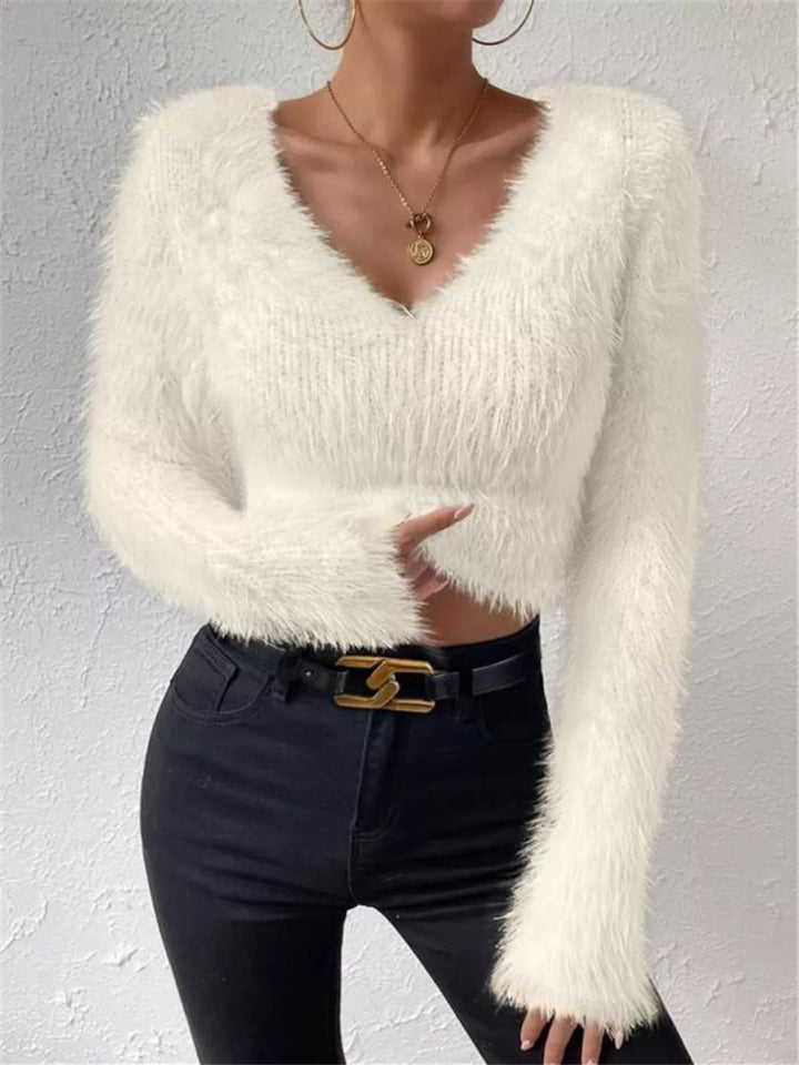 women fluffy knit sweater sleeve detail soft stretch fabric