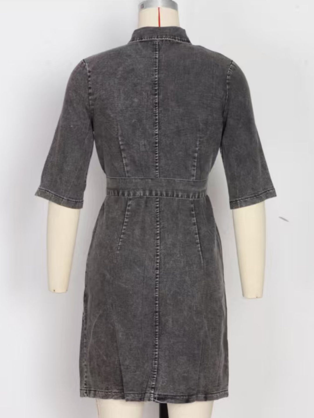 Relaxed fit zipper front denim dress women short sleeve tie waist pockets breathable fabric chic casual look