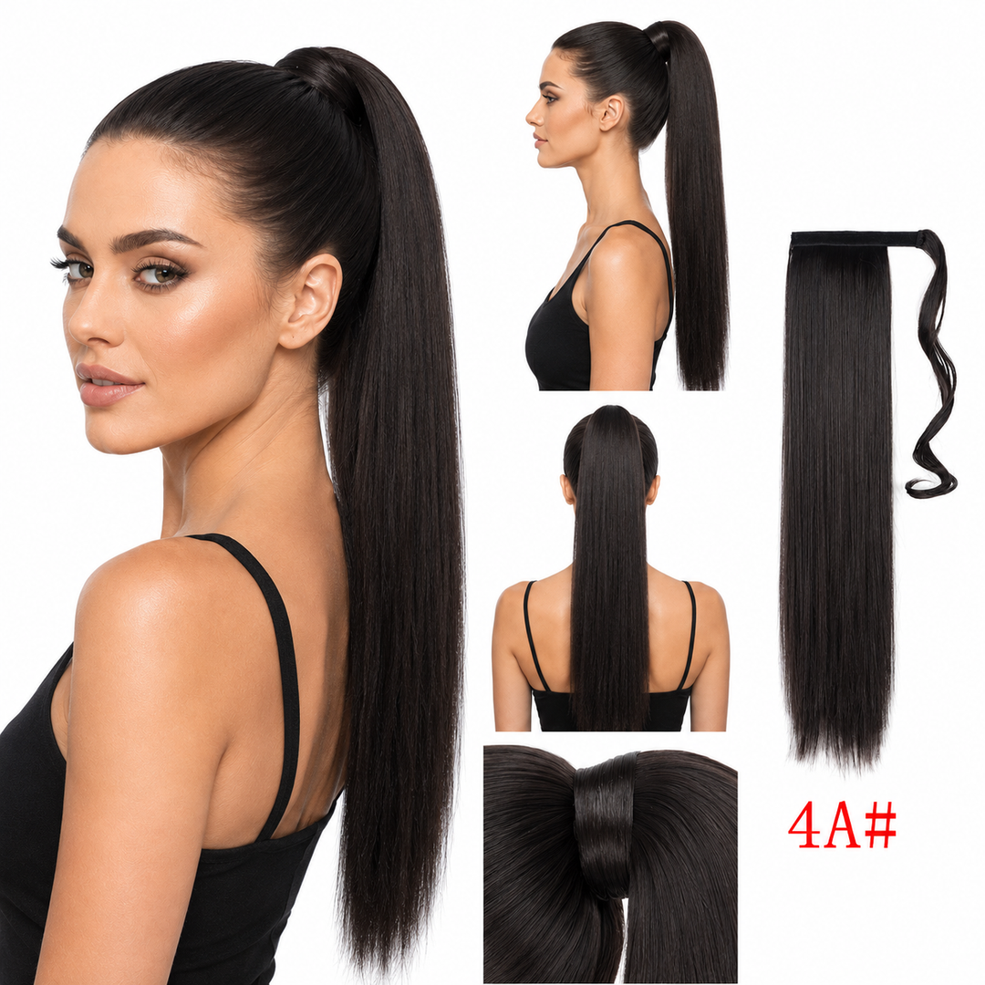 Straight synthetic ponytail extension with secure clip in design, 24 inch length, and natural movement for daily styling look