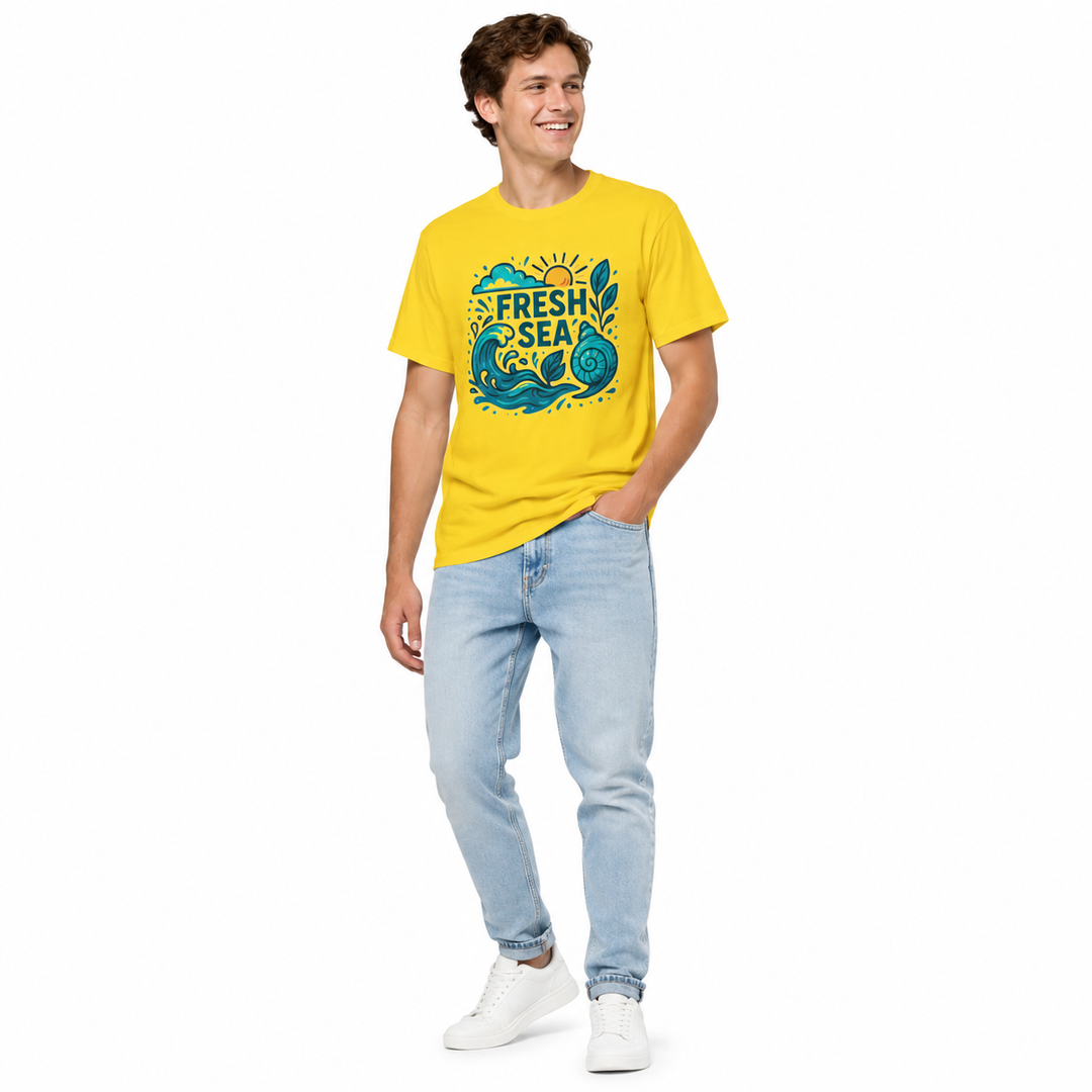 A man wearing a bright yellow graphic t-shirt with a blue and green &