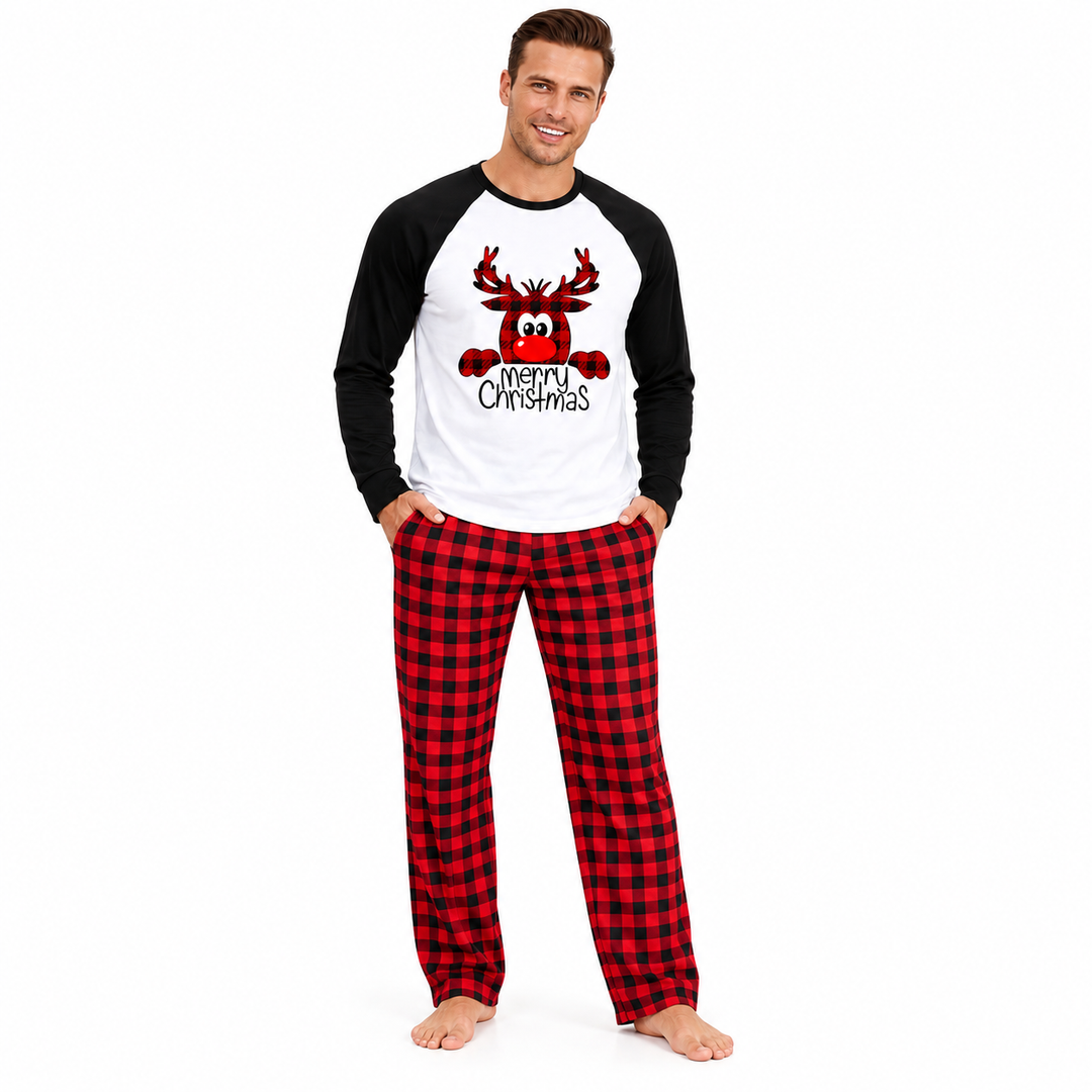 Dad wearing reindeer top with red and black plaid pajama pants