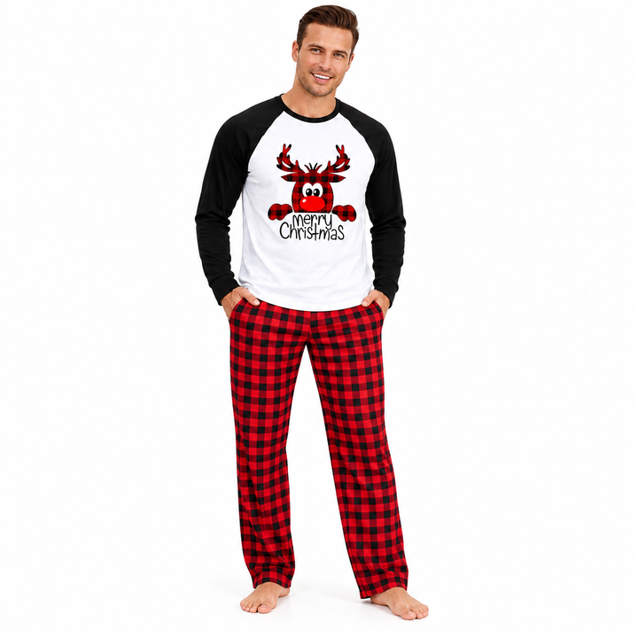 Dad wearing reindeer top with red and black plaid pajama pants