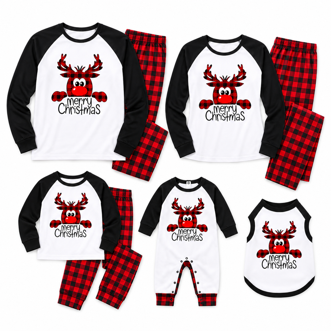Flat lay of white, black and red plaid matching pajama pieces