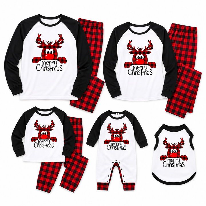 Flat lay of white, black and red plaid matching pajama pieces