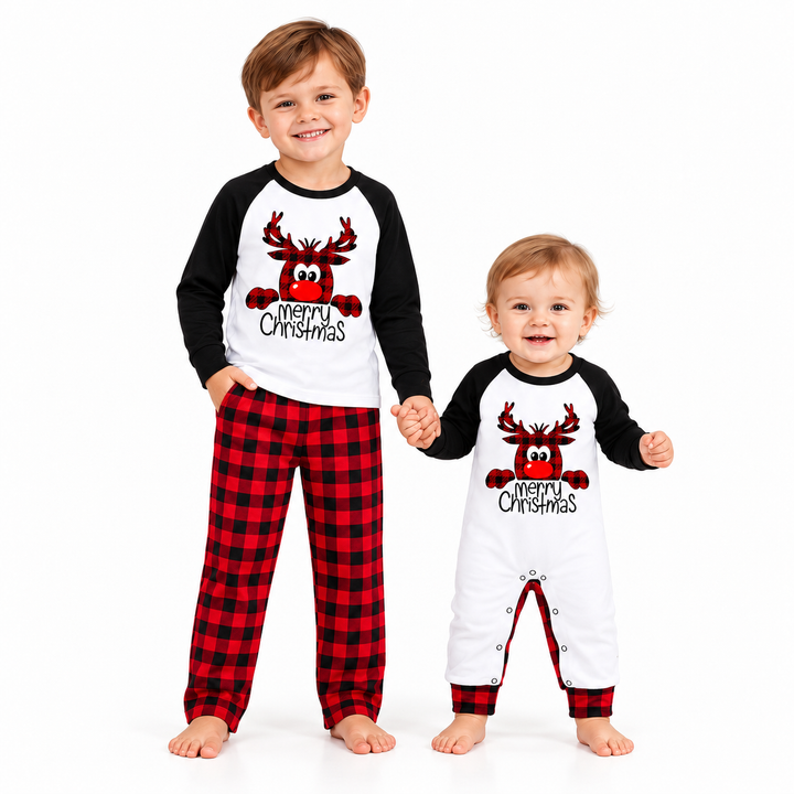 Child and baby shown in matching reindeer holiday pajamas