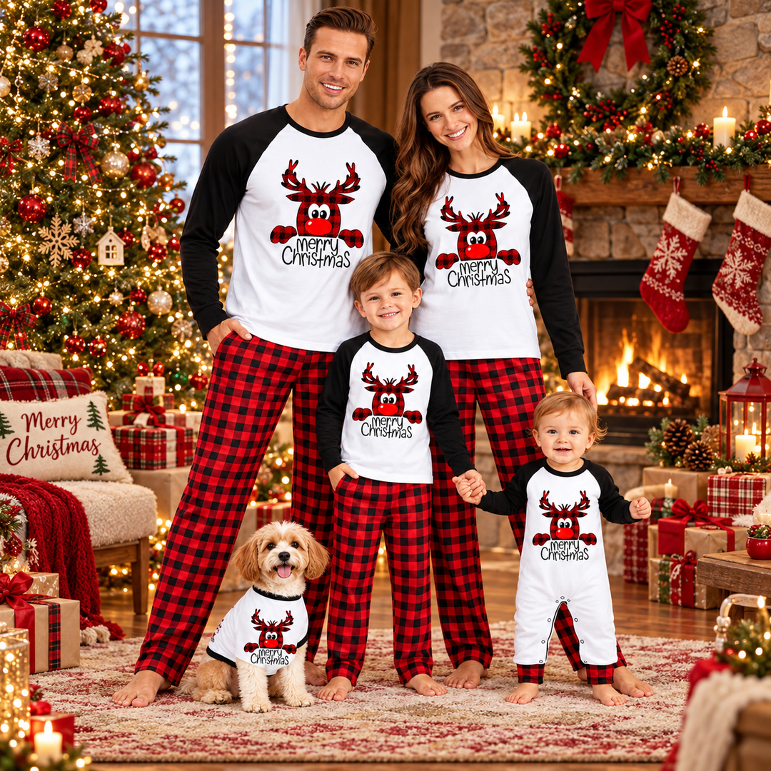 Family wearing coordinated holiday pajamas in a decorated room