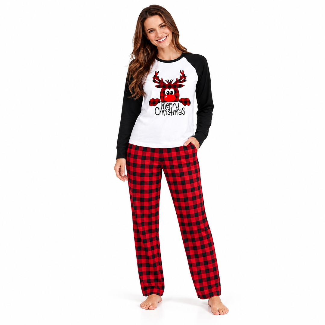 Mom wearing reindeer top with red and black plaid pajama pants