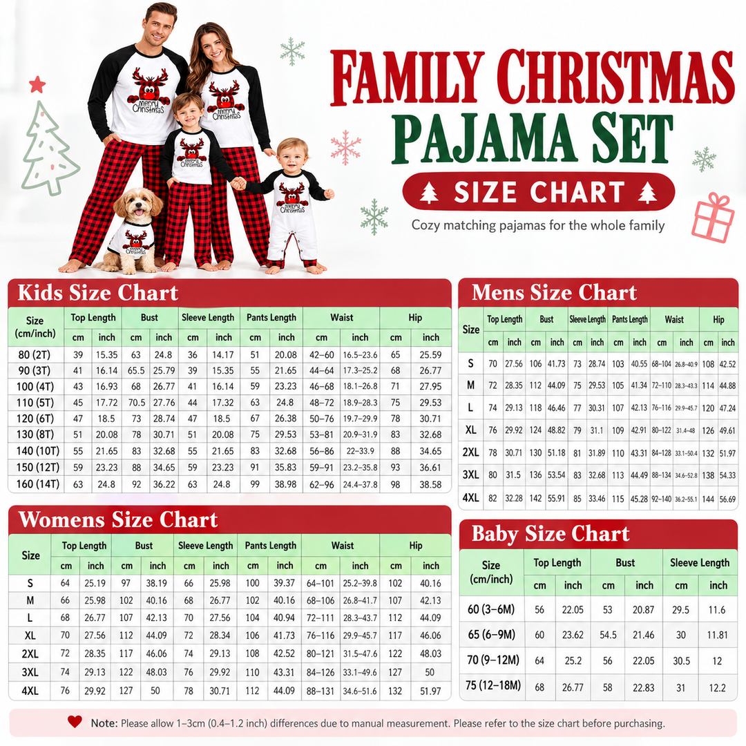 Size chart for Dad, Mom and Child matching pajama options