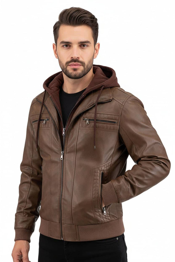 mens leather hooded jacket zipper pocket functional detail